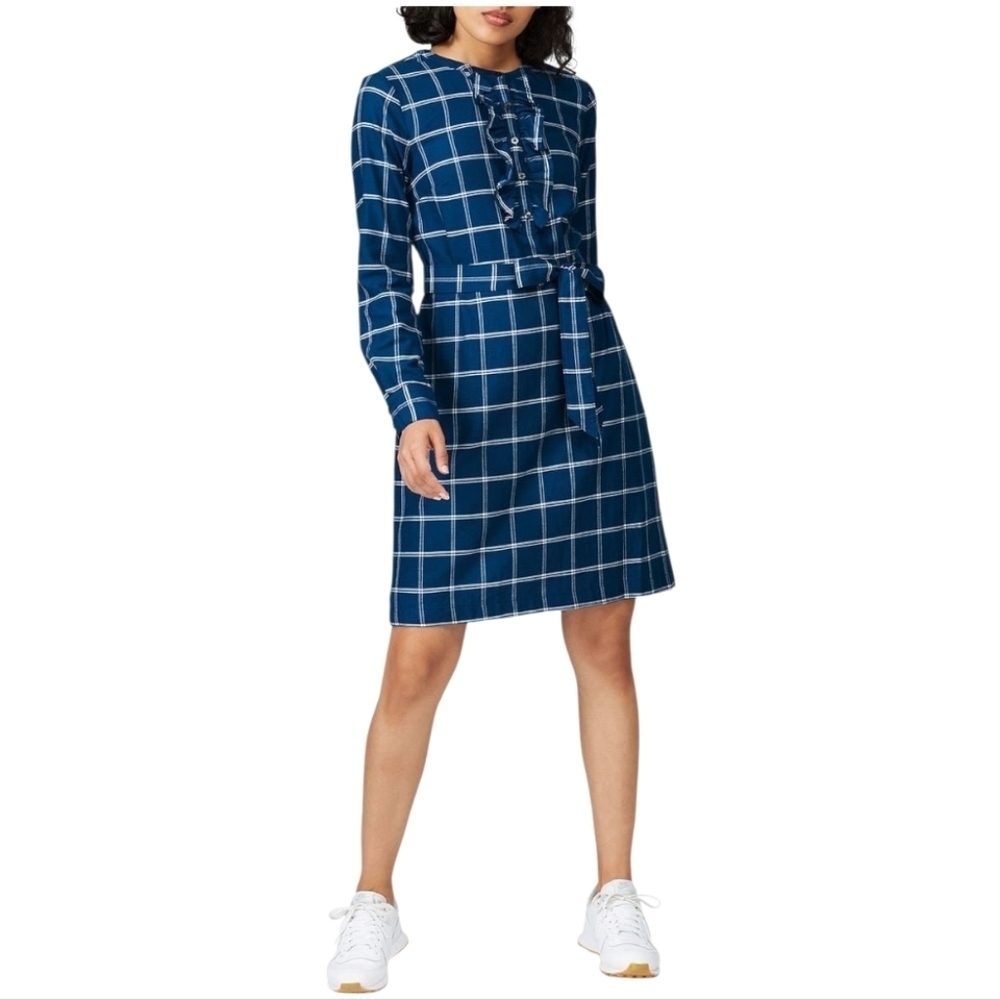 Draper James Deep Teal Plaid Ruffle Belted Shirt Dress NWT Size 4 Cotton